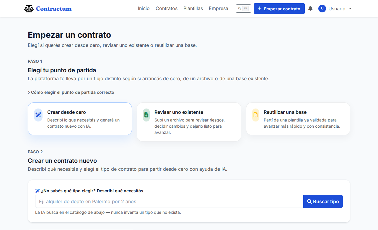 Pantalla Empezar un contrato con el catálogo de tipos y el buscador de tipo por IA
