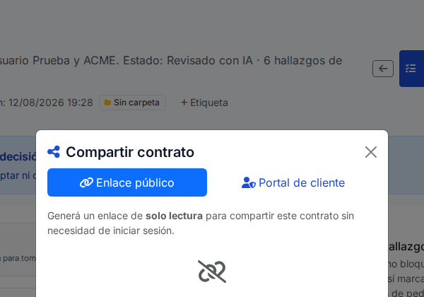 Modal Compartir contrato, pestaña Enlace público