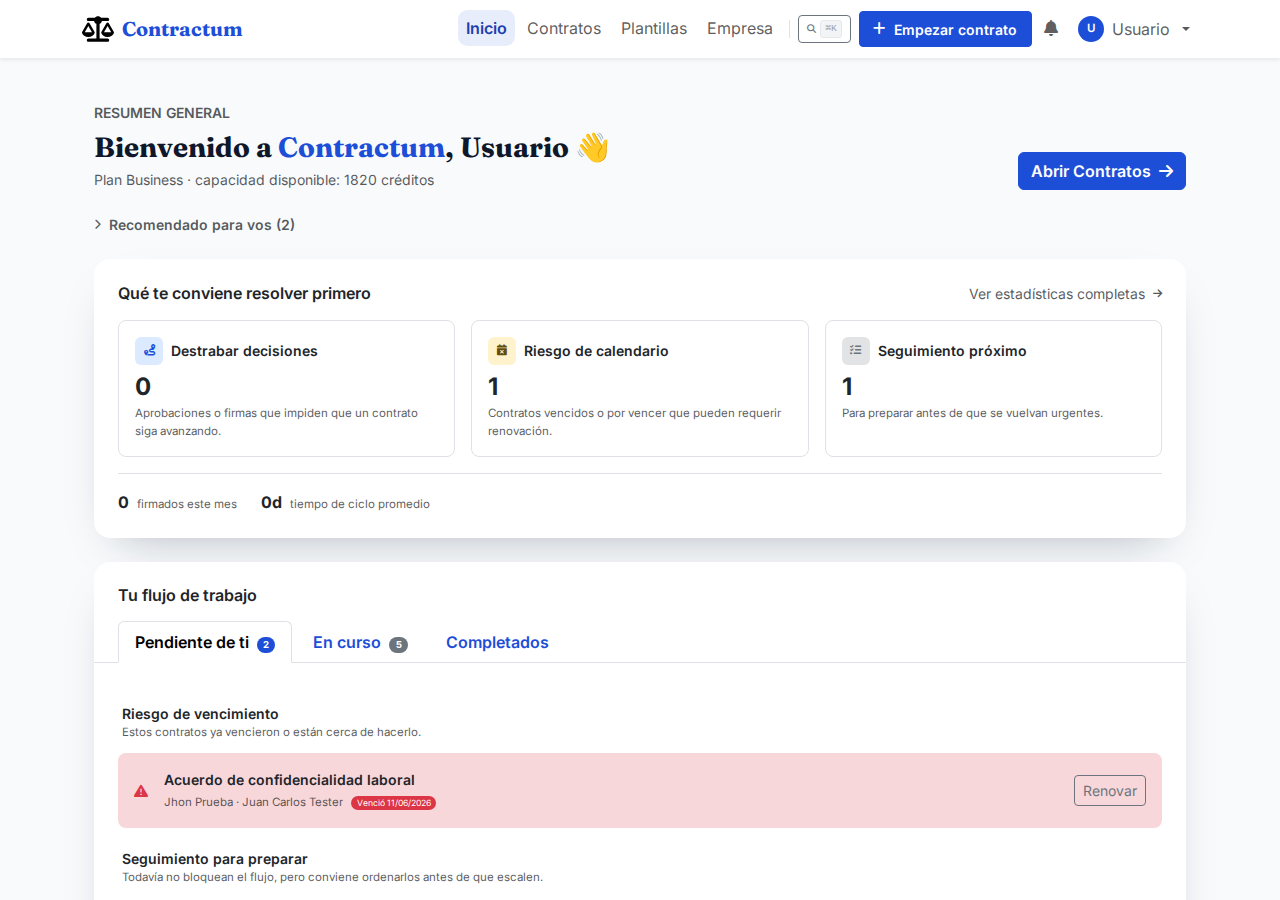Panel de inicio con los bloques Destrabar decisiones, Riesgo de calendario y Seguimiento próximo, y la pestaña Tu flujo de trabajo debajo