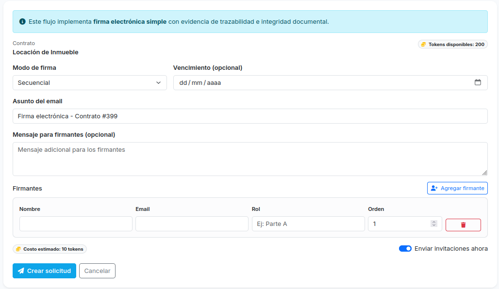 Pantalla de configuración de firma electrónica