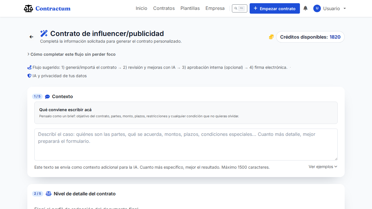 Formulario guiado con el paso Contexto y el paso Nivel de detalle del contrato