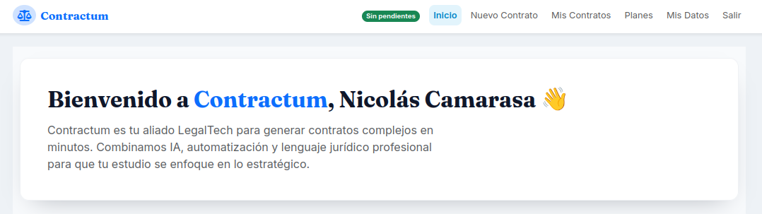 Pantalla de inicio de Contractum con menú principal