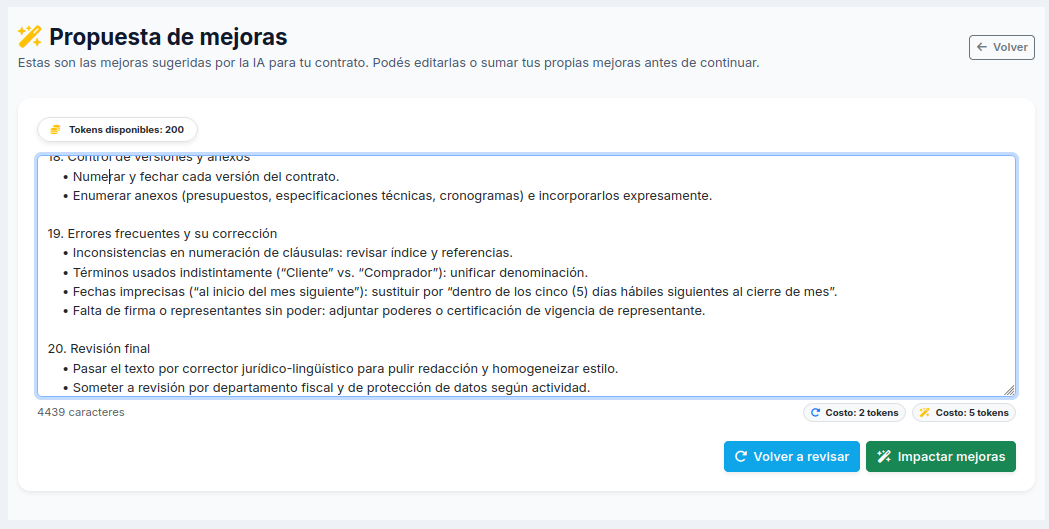 Pantalla de propuesta de mejoras con IA