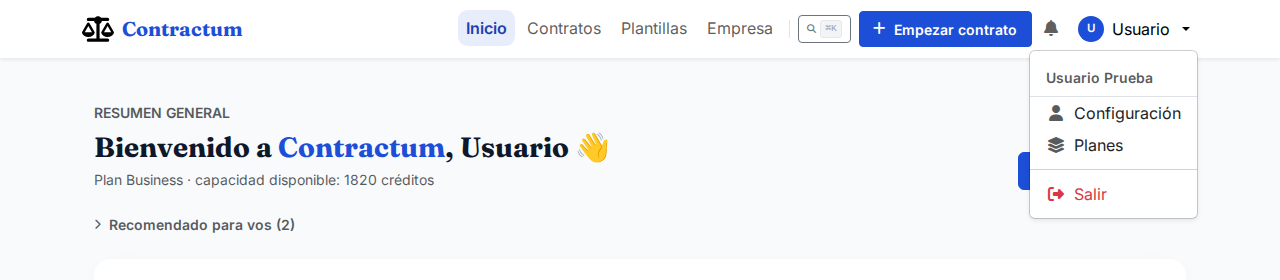 Menú del avatar abierto con las opciones Configuración, Planes y Salir