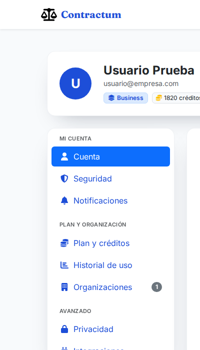 Menú lateral de Configuración con los grupos Mi cuenta, Plan y organización, y Avanzado