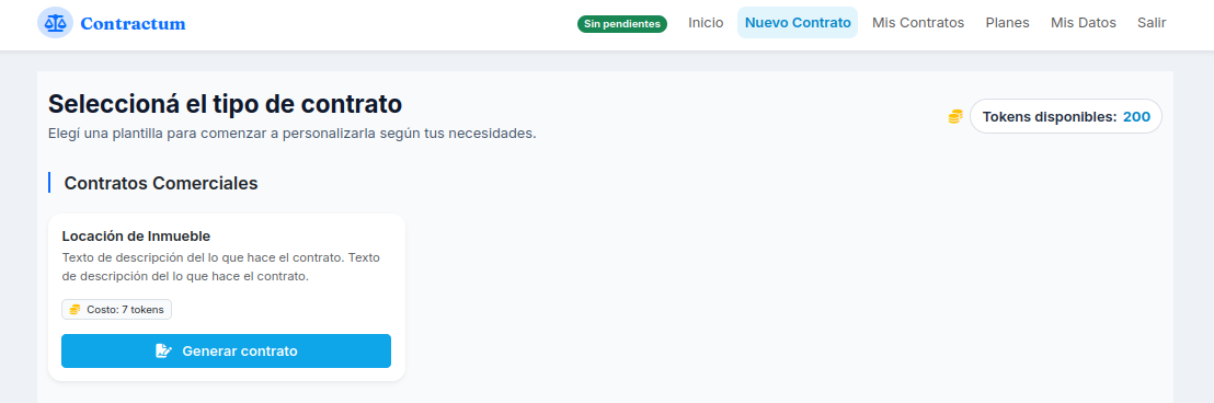 Pantalla de selección de plantillas de contrato
