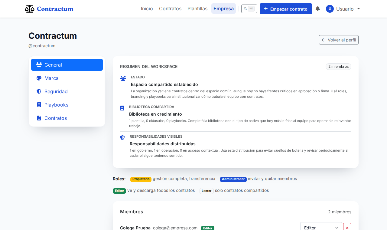 Pestaña General de una organización, con el resumen del workspace, los roles y la lista de miembros
