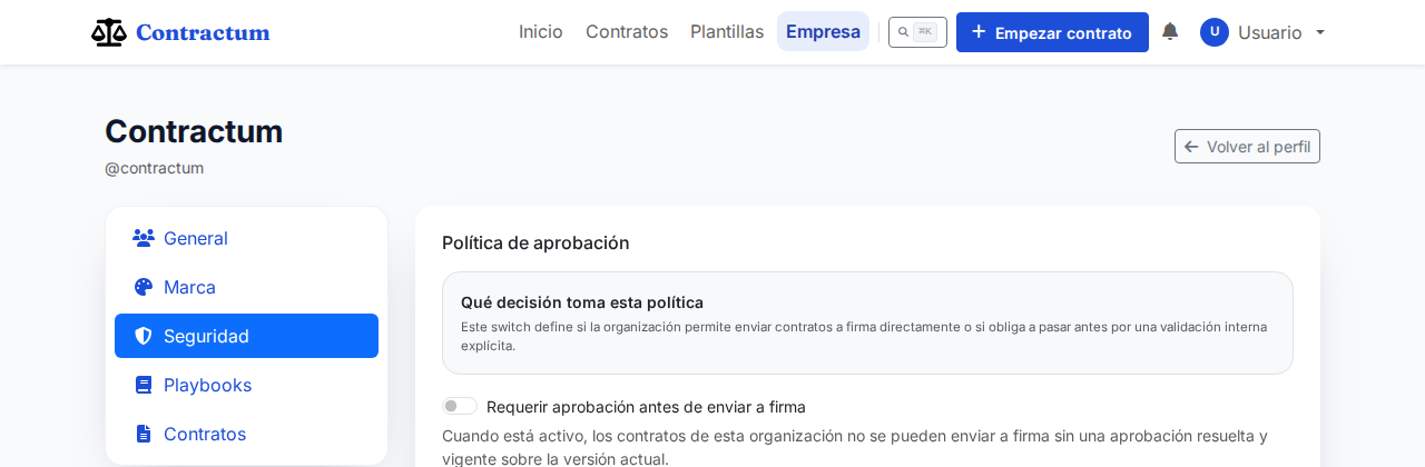 Pestaña Seguridad de una organización con el switch Requerir aprobación antes de enviar a firma
