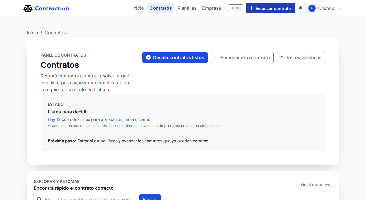 Panel de Contratos con el resumen de estado y los accesos Decidir contratos listos, Empezar otro contrato y Ver estadísticas