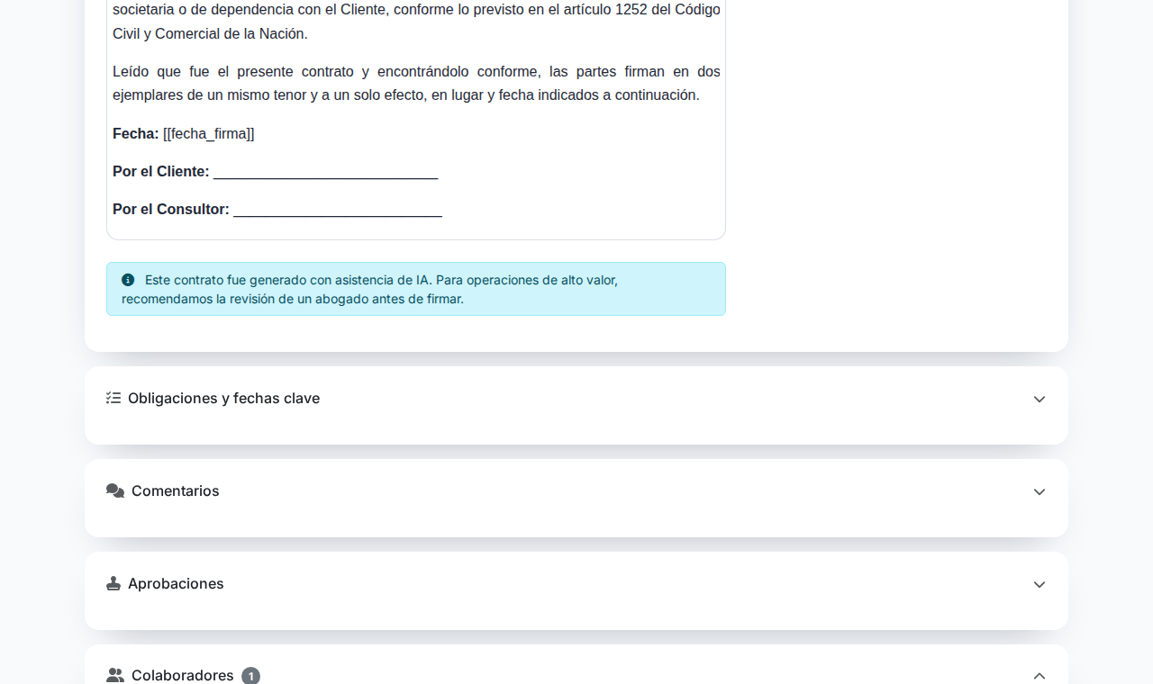 Paneles colapsables debajo del texto del contrato: obligaciones, comentarios, aprobaciones y colaboradores